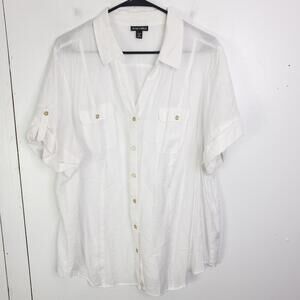 Roz Ali TOp Womens 2X Button Down Semi Sheer Lightweight Cuffed Short Sleeves